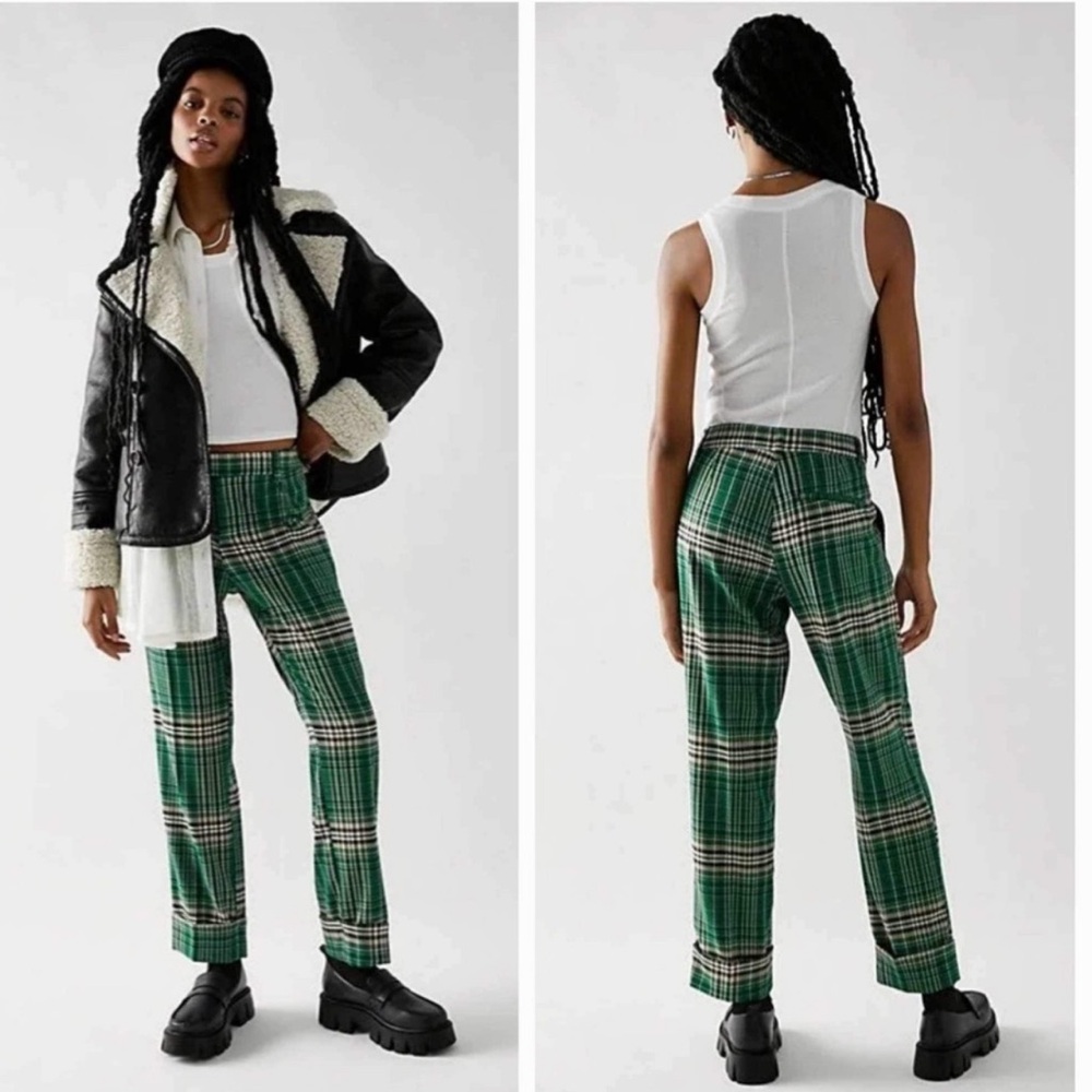 Free People All For Me Green and White Plaid Cuffed Straight Leg Women’s Pants